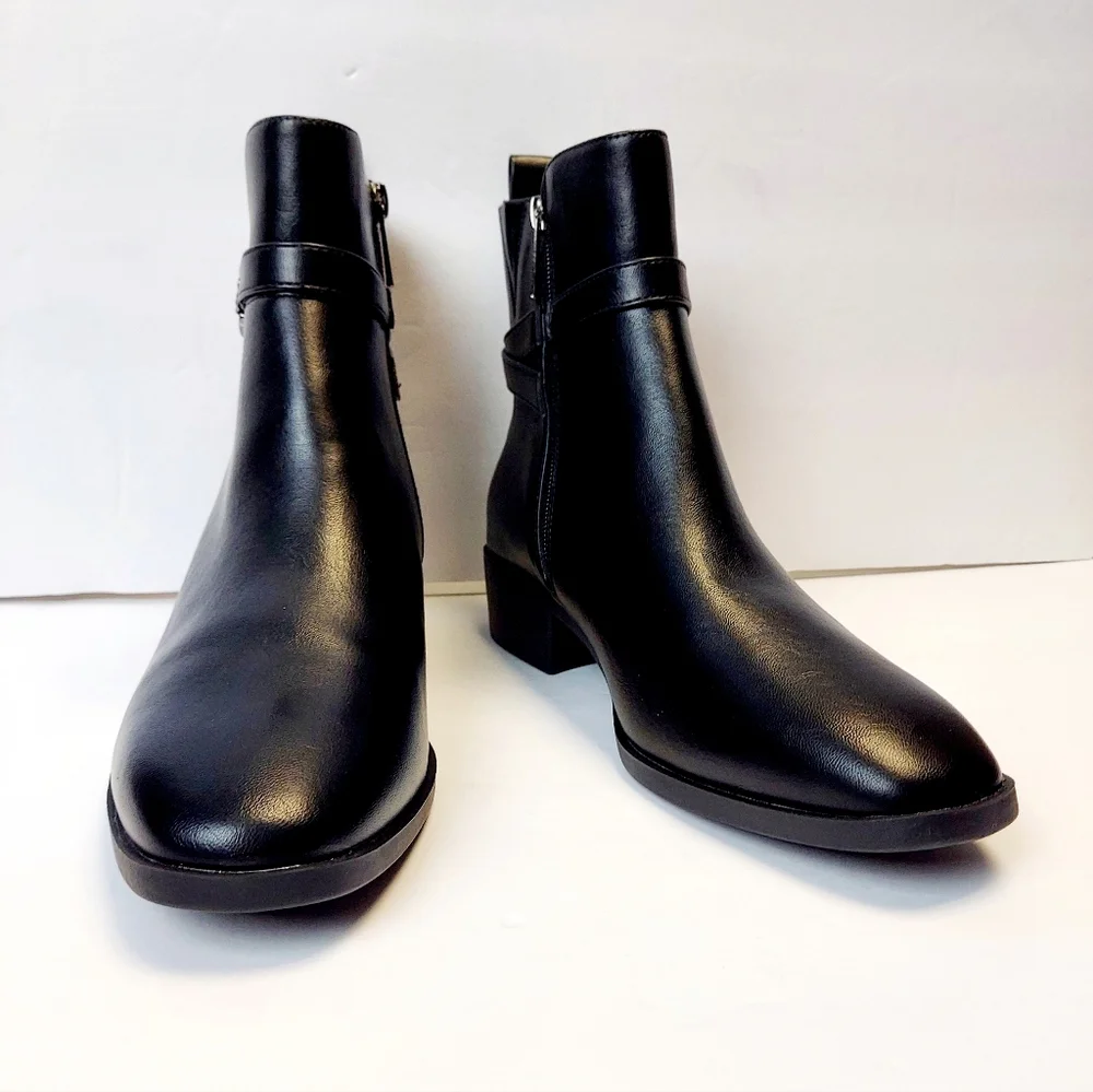 Anne Klein Womens Sz 9 Catriona Black Zip Ankle Bootie Block Low Heel Almond Toe - Picture 2 of 14